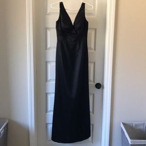 Long black bridesmaid dress with built in cups